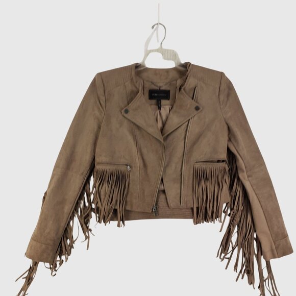 BCBGMAXAZRIA Tan Faux Suede Fringe Moto Jacket With Zipper Womens Size S - Picture 1 of 11